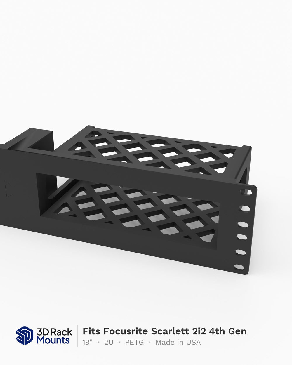 19 inch 3D printed rack mount for the Focusrite Scarlett 2i2 4th Gen, front view