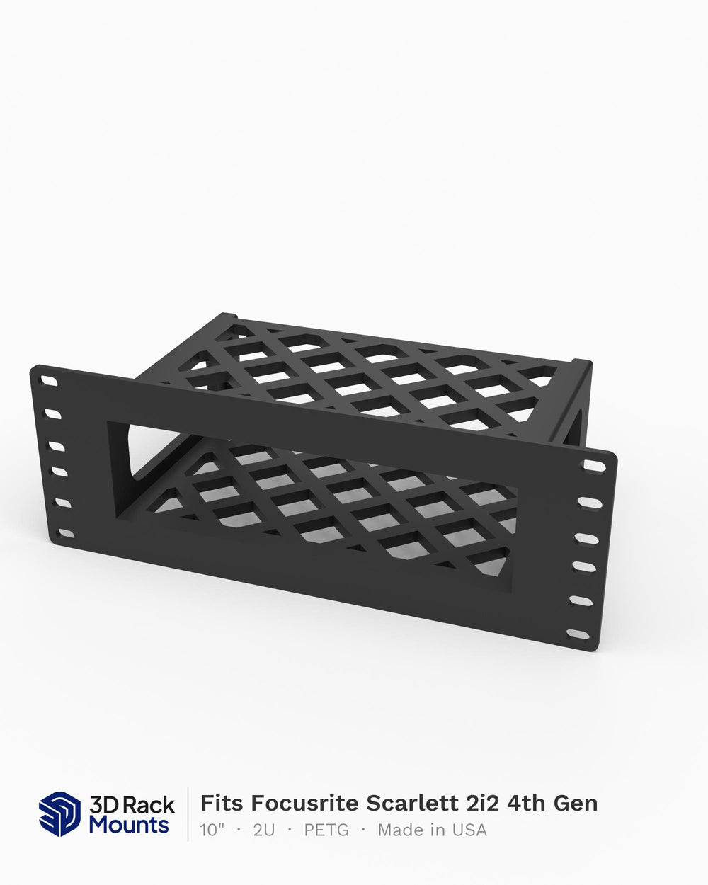 10 inch 3D printed mini rack mount for the Focusrite Scarlett 2i2 4th Gen, front view