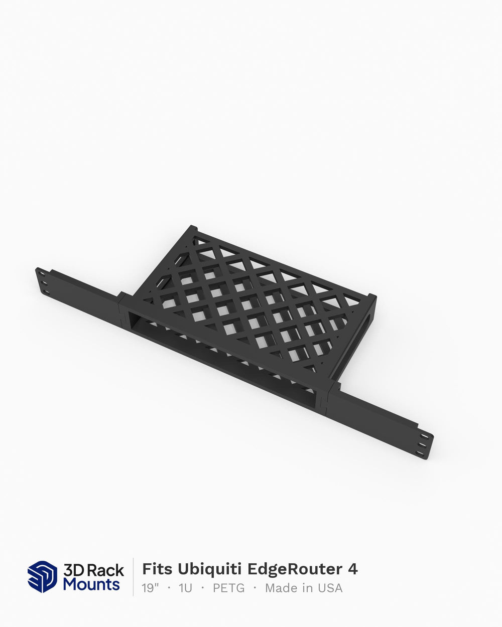 19 inch 3D printed rack mount for the Ubiquiti EdgeRouter 4, angled view showing the vented tray and both rack ears