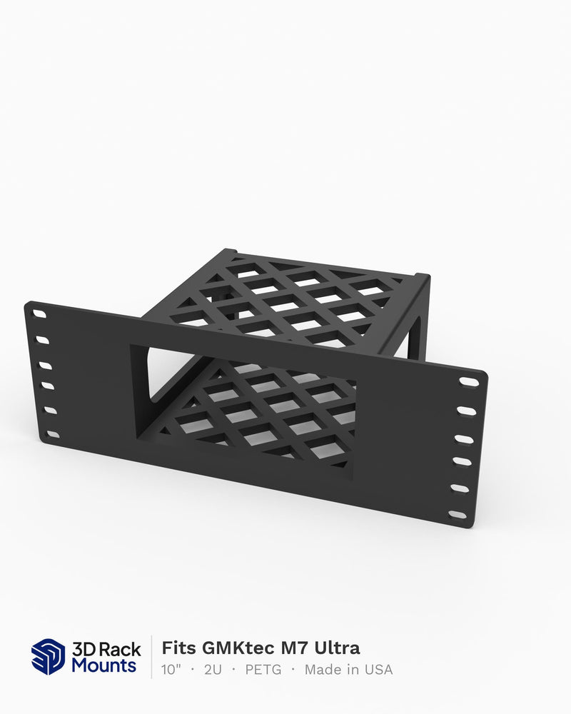 10 inch 3D printed mini rack mount for GMKtec M7 Ultra mini PC, front view
