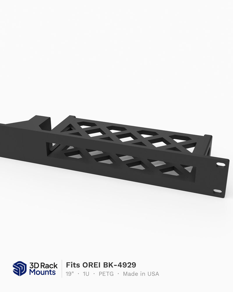 19 inch 3D printed rack mount for the OREI BK-4929 8K HDMI switch, front view