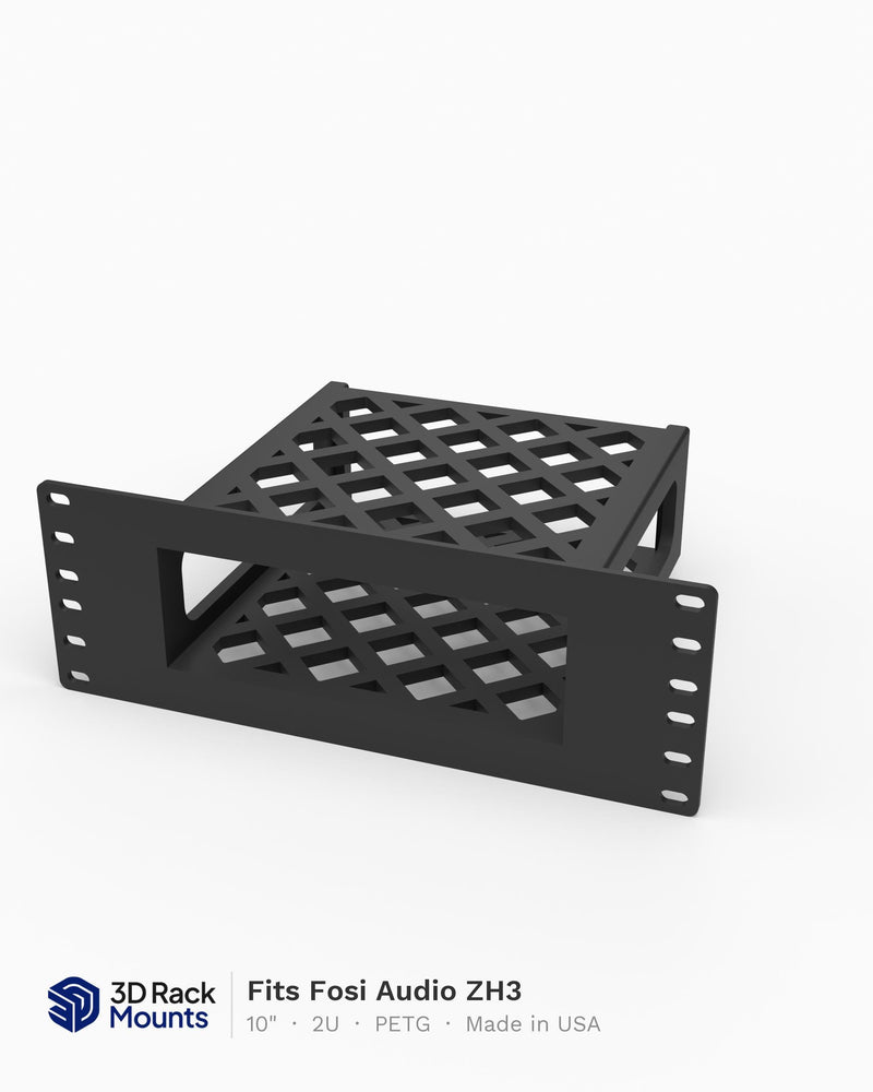 10 inch 3D printed rack mount for the Fosi Audio ZH3 DAC and headphone amp, front view