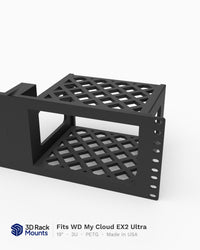 19 inch 3D printed rack mount for the WD My Cloud EX2 Ultra NAS, front angle view