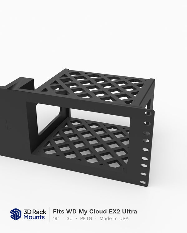 19 inch 3D printed rack mount for the WD My Cloud EX2 Ultra NAS, front angle view