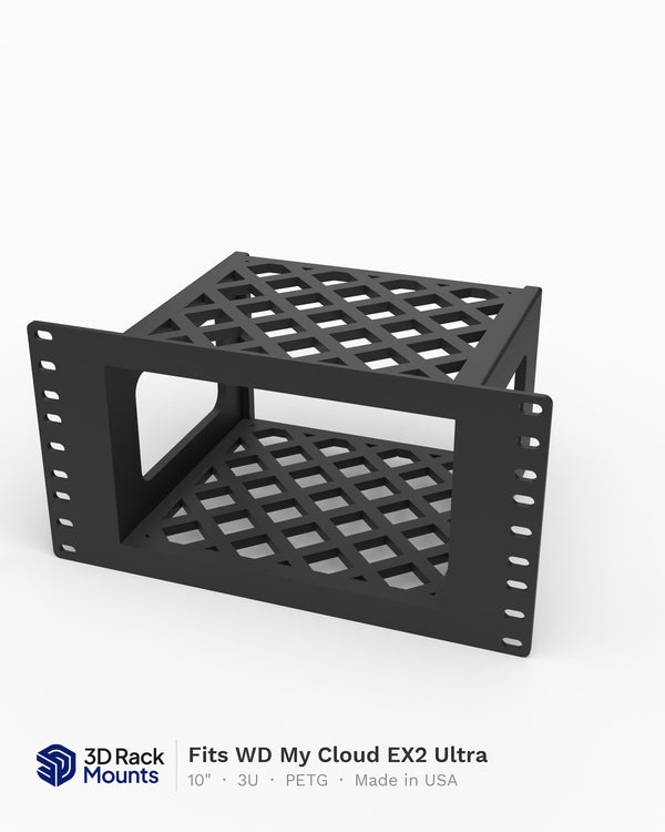10 inch 3D printed mini rack mount for the WD My Cloud EX2 Ultra NAS, front angle view