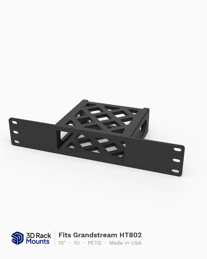 10 inch 3D printed rack mount for Grandstream HT802 and HT801 analog telephone adapter, angled view