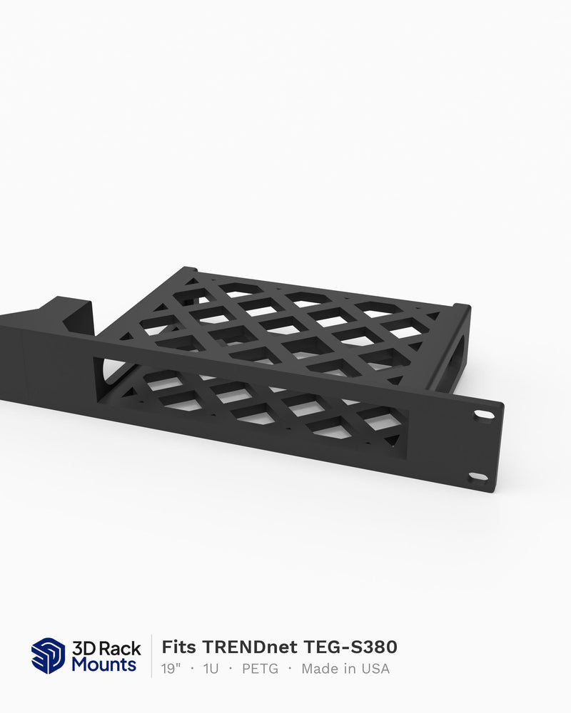 19 inch modular rack mount holding a TRENDnet TEG-S380 2.5G switch in a 1U slot