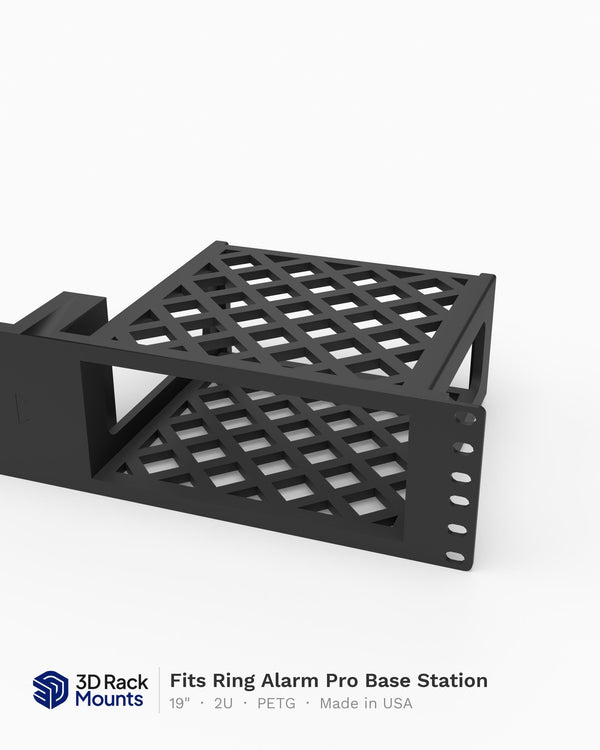 19 inch 3D printed rack mount for the Ring Alarm Pro Base Station, front view