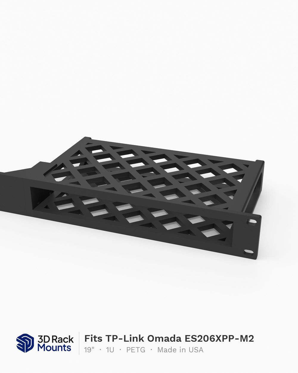 19 inch 3D printed modular rack mount for TP-Link Omada ES206XPP-M2 PoE++ switch, angled hero view