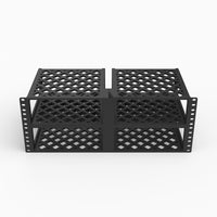 Four WiiM Amp Ultra bays in a 19 inch 4U rack mount, full front view