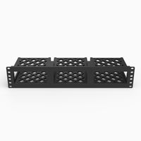Three Apple Mac Minis mounted side by side in a 19 inch 2U server rack row