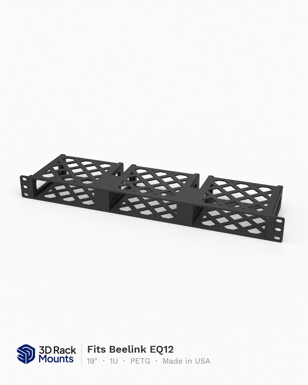 19 inch 3D printed triple rack mount holding three Beelink EQ12 mini PCs, front angle