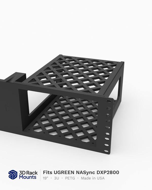 19 inch 3D printed rack mount for the UGREEN NASync DXP2800, front angle view
