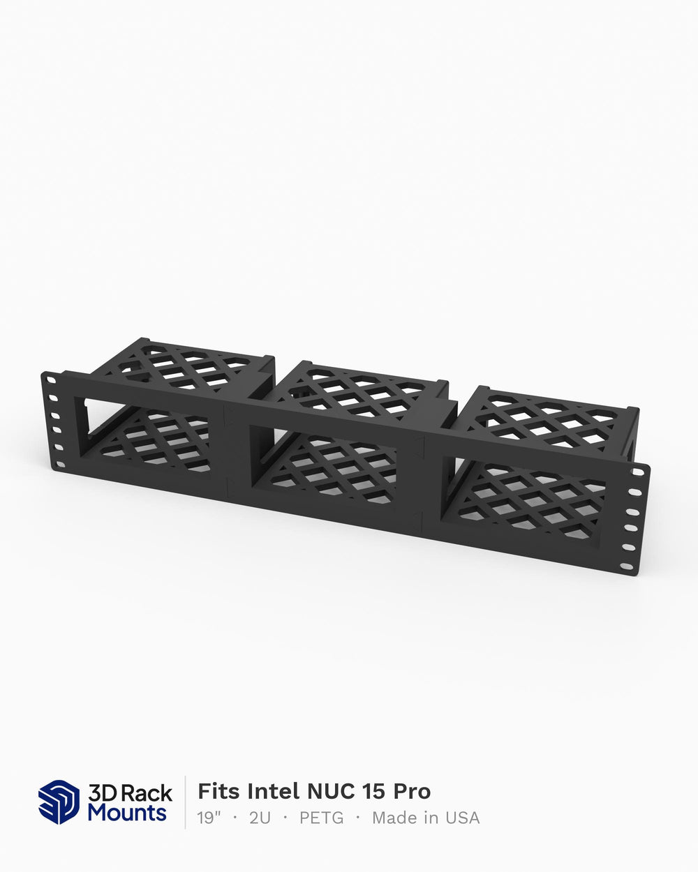 19 inch 3D printed triple rack mount holding three Intel NUC 15 Pro mini PCs, front angle