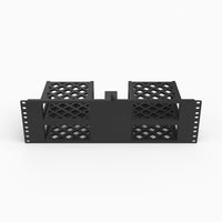 Four Apple Mac Minis mounted two by two in a 19 inch 3U server rack bracket