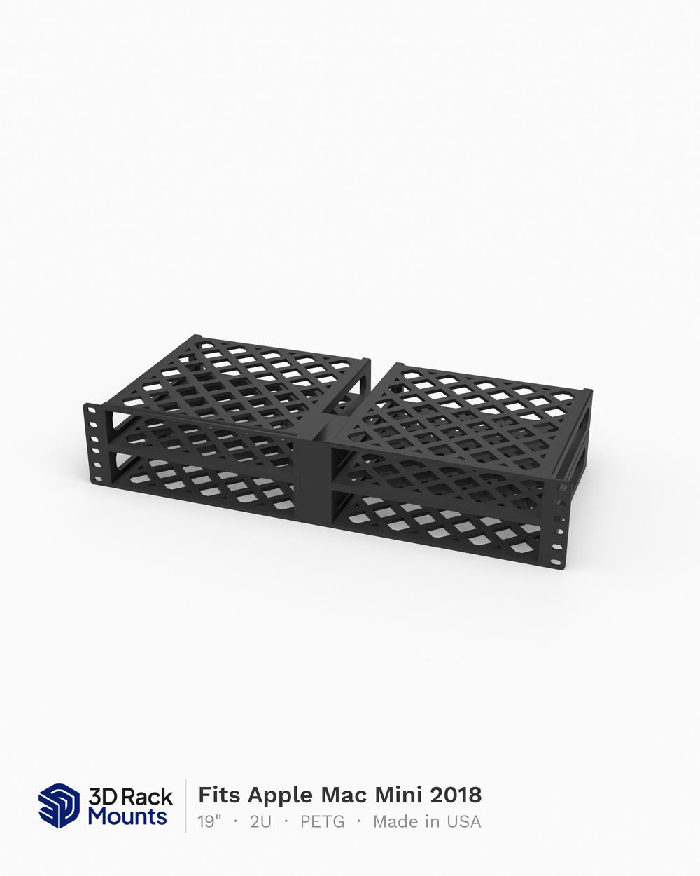 19 inch 3D printed 4-bay rack mount holding four Apple Mac Minis, front angle