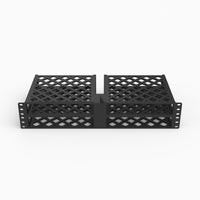 Four Apple Mac Minis mounted two by two in a single 19 inch 2U server rack bracket