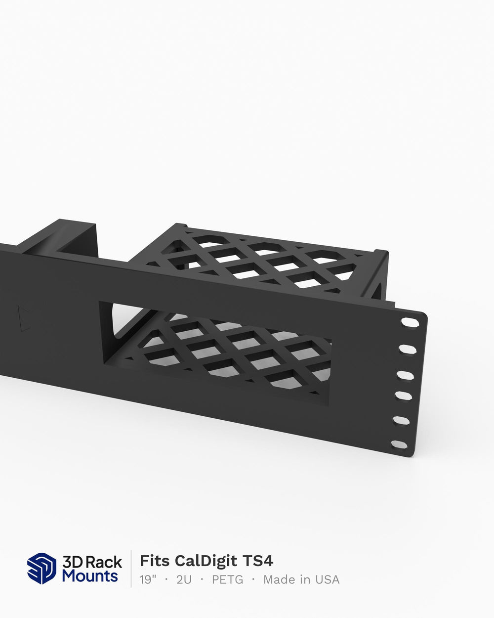 19 inch 3D printed modular rack mount for the CalDigit TS4 Thunderbolt 4 dock, angled view