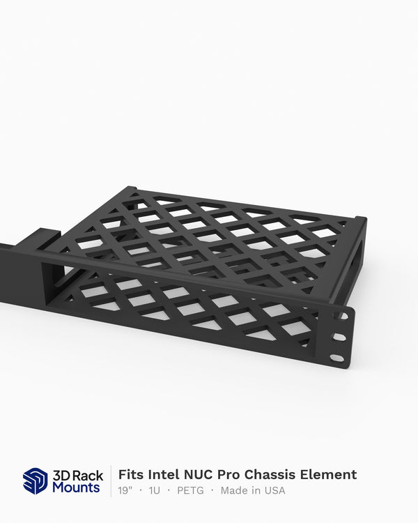 19 inch 3D printed modular rack mount for the Intel NUC Pro Chassis Element, front view
