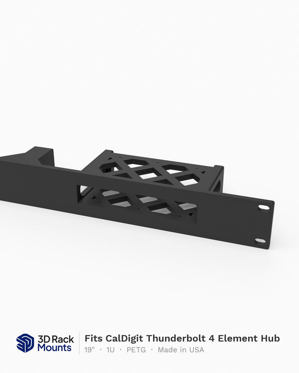 CalDigit Thunderbolt 4 Element Hub in a 19 inch 1U modular rack mount, angled hero view
