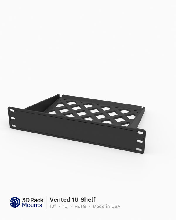 Vented 1U shelf for a 10 inch mini rack, 3D printed in PETG