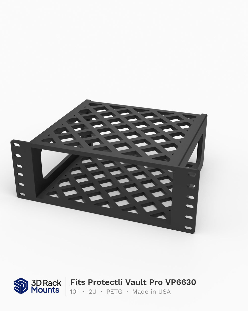 10 inch 3D printed mini rack mount for the Protectli Vault Pro VP6630, angled view