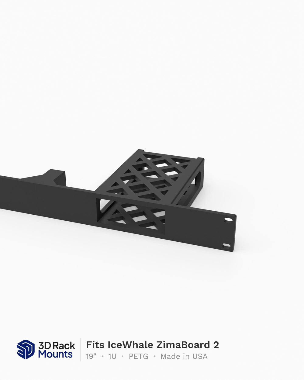 19 inch 3D printed rack mount for the IceWhale ZimaBoard 2, front angle with blank half