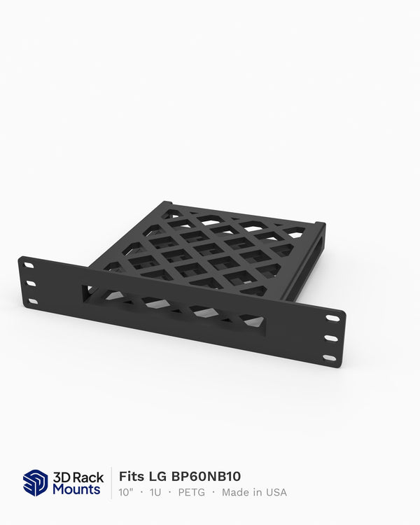 10 inch 3D printed mini rack mount for the LG BP60NB10 slim Blu-ray writer, front angle