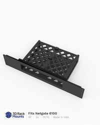 19 inch 3D printed 2U rack mount for the Netgate 6100 pfSense firewall, angled view