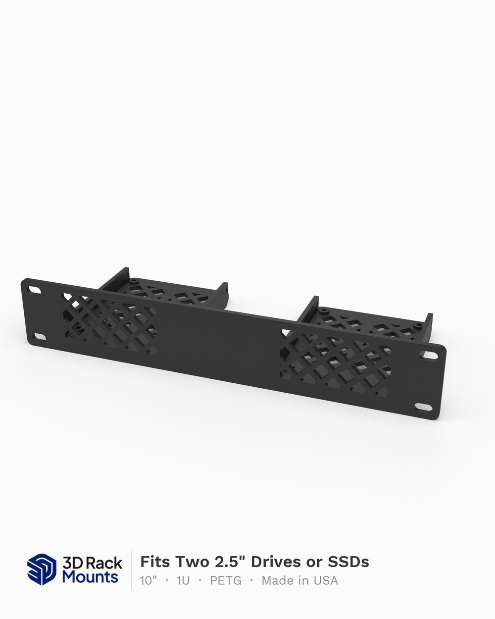 10 inch 3D printed rack mount for two 2.5 inch SSDs, patterned face