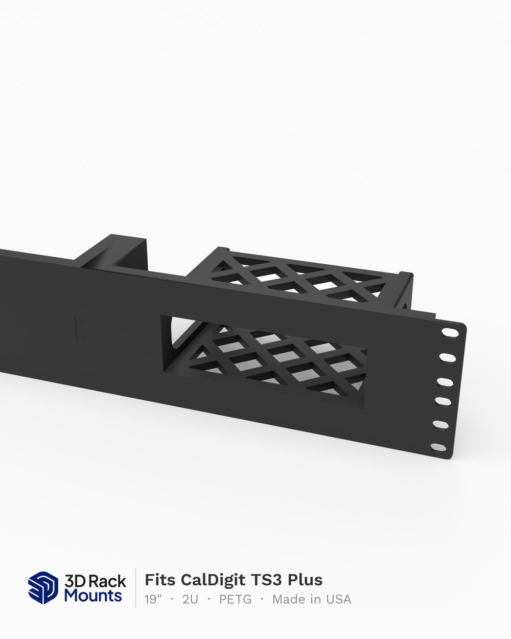 19 inch 3D printed rack mount for the CalDigit TS3 Plus Thunderbolt 3 dock, angled view