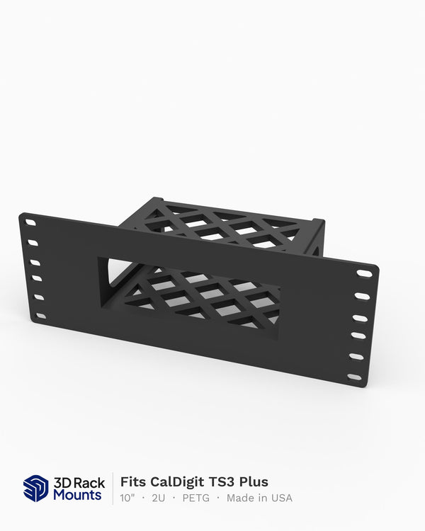 10 inch 3D printed mini rack mount for the CalDigit TS3 Plus Thunderbolt 3 dock, angled view