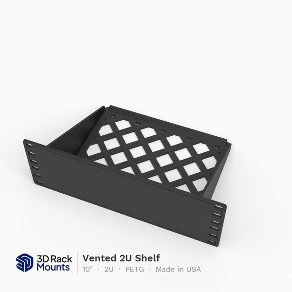 Vented 2U shelf for a 10 inch mini rack, top view of the vented floor, 3D printed in PETG