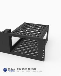 19 inch 3D printed rack mount for the QNAP TS-253D two bay NAS, front angle