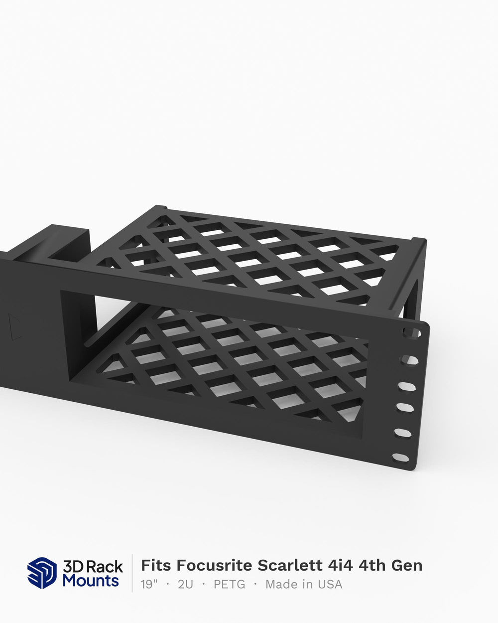 19 inch 3D printed modular rack mount for the Focusrite Scarlett 4i4 4th Gen, angled hero view