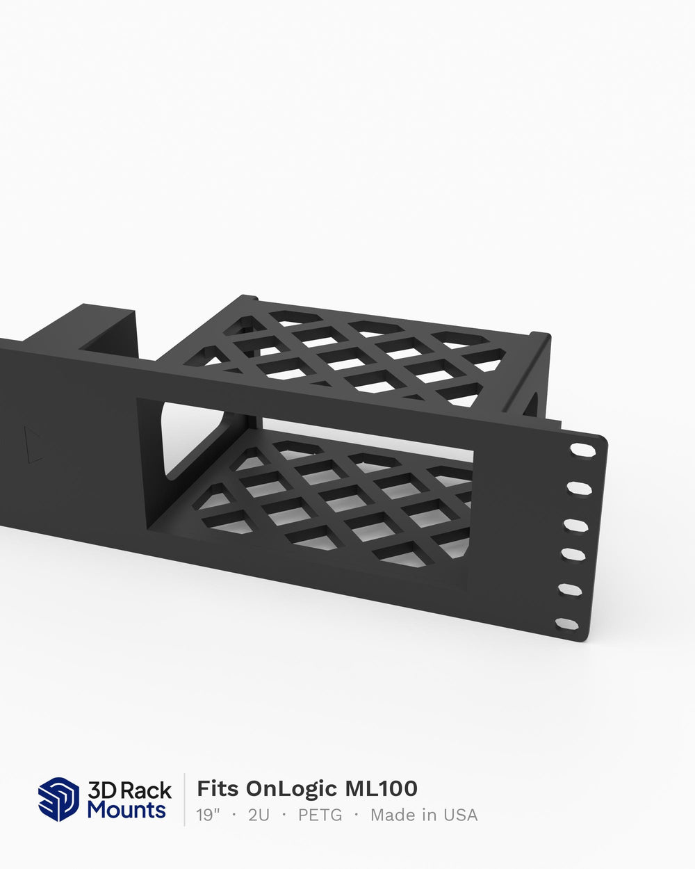19 inch 3D printed rack mount for the OnLogic ML100 industrial fanless computer, front view