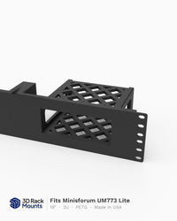 19 inch 3D printed rack mount for Minisforum UM773 Lite, front view with brand panel