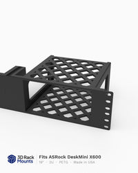 19 inch ASRock DeskMini X600 rack mount at 2U, front three quarter view