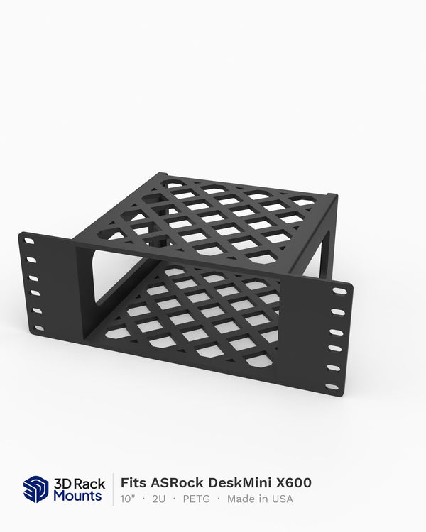 10 inch ASRock DeskMini X600 mini rack mount at 2U, front three quarter view