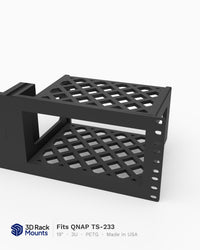 19 inch 3D printed rack mount for the QNAP TS-233 two bay NAS, front angle
