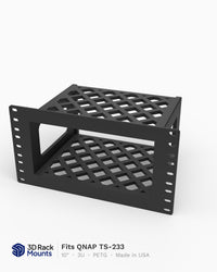 10 inch 3D printed mini rack mount for the QNAP TS-233 two bay NAS, front angle