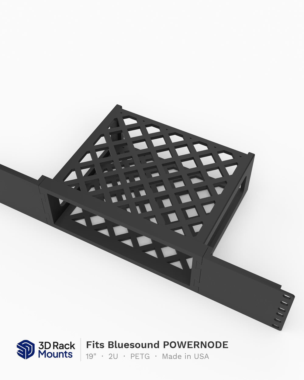 19 inch 3D printed rack mount for the Bluesound POWERNODE N330 and N331, angled view