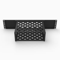Rear view of the 19 inch Bluesound POWERNODE rack mount showing the vented cage