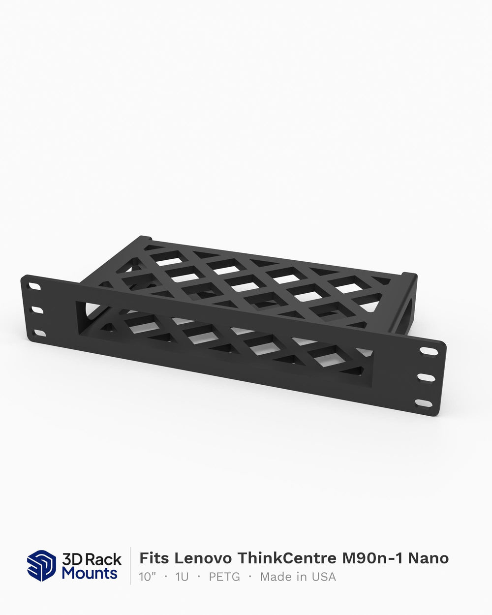 10 inch 3D printed mini rack mount for the Lenovo ThinkCentre M90n-1 Nano, front angle