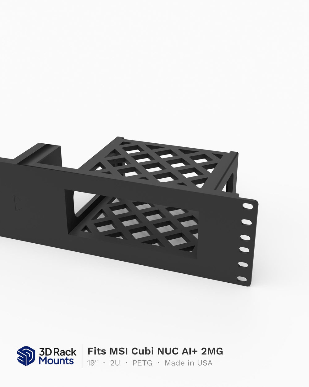 19 inch 3D printed rack mount for the MSI Cubi NUC AI+ 2MG, front view